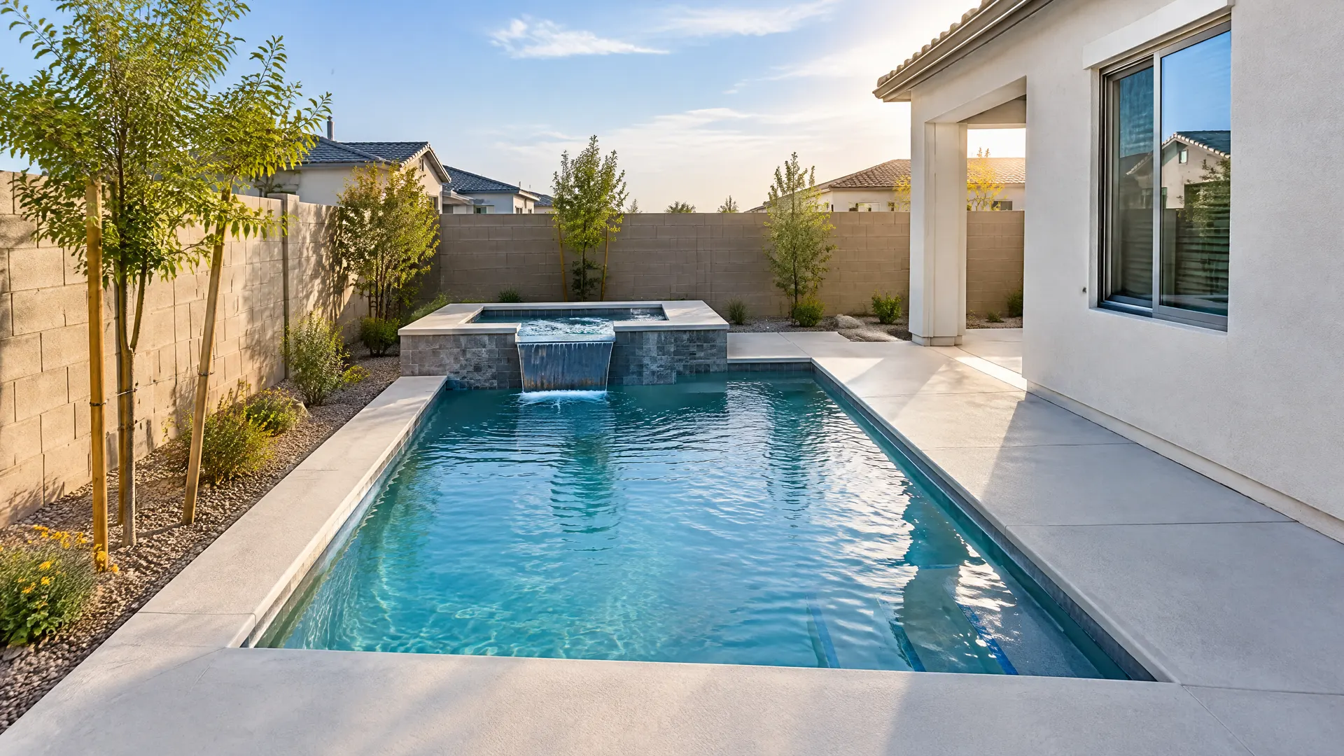 Newly finished small geometric pool with a spillover spa in the tight backyard of a brand-new single-family home in southeast Mesa, Arizona, light gray cool deck, young trees, new block wall and fresh stucco, late afternoon light
