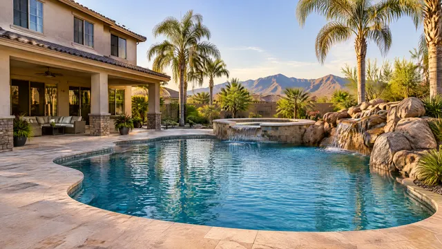 Large new pool and raised spa behind a big 2000s single-family home in east Mesa, Arizona, travertine deck wrapping a covered patio, rock waterfall feature, mature palm trees, desert mountains in the far distance, golden light
