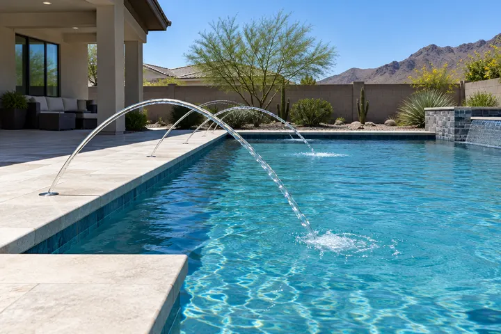 Laminar deck jets arcing clear water from a deck into a new pool, afternoon sun
