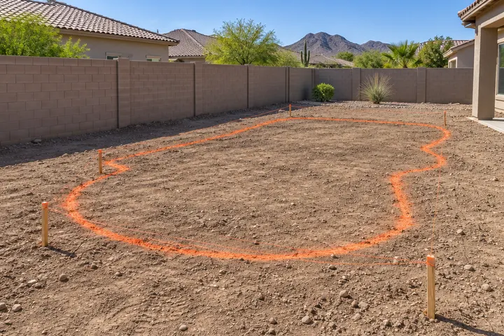 Pool layout marked with orange spray paint lines on the dirt of a Mesa backyard before excavation, stakes and string at the corners, block wall behind