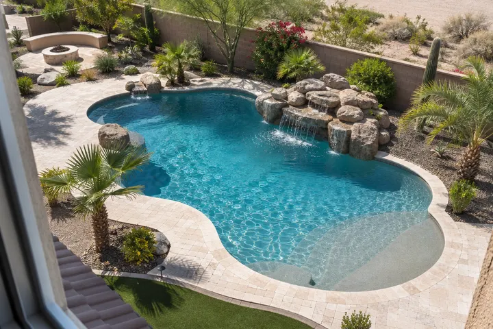 Elegant new freeform lagoon-style pool with curving edges and a boulder accent in an Arizona backyard, aerial angle from a second-story window