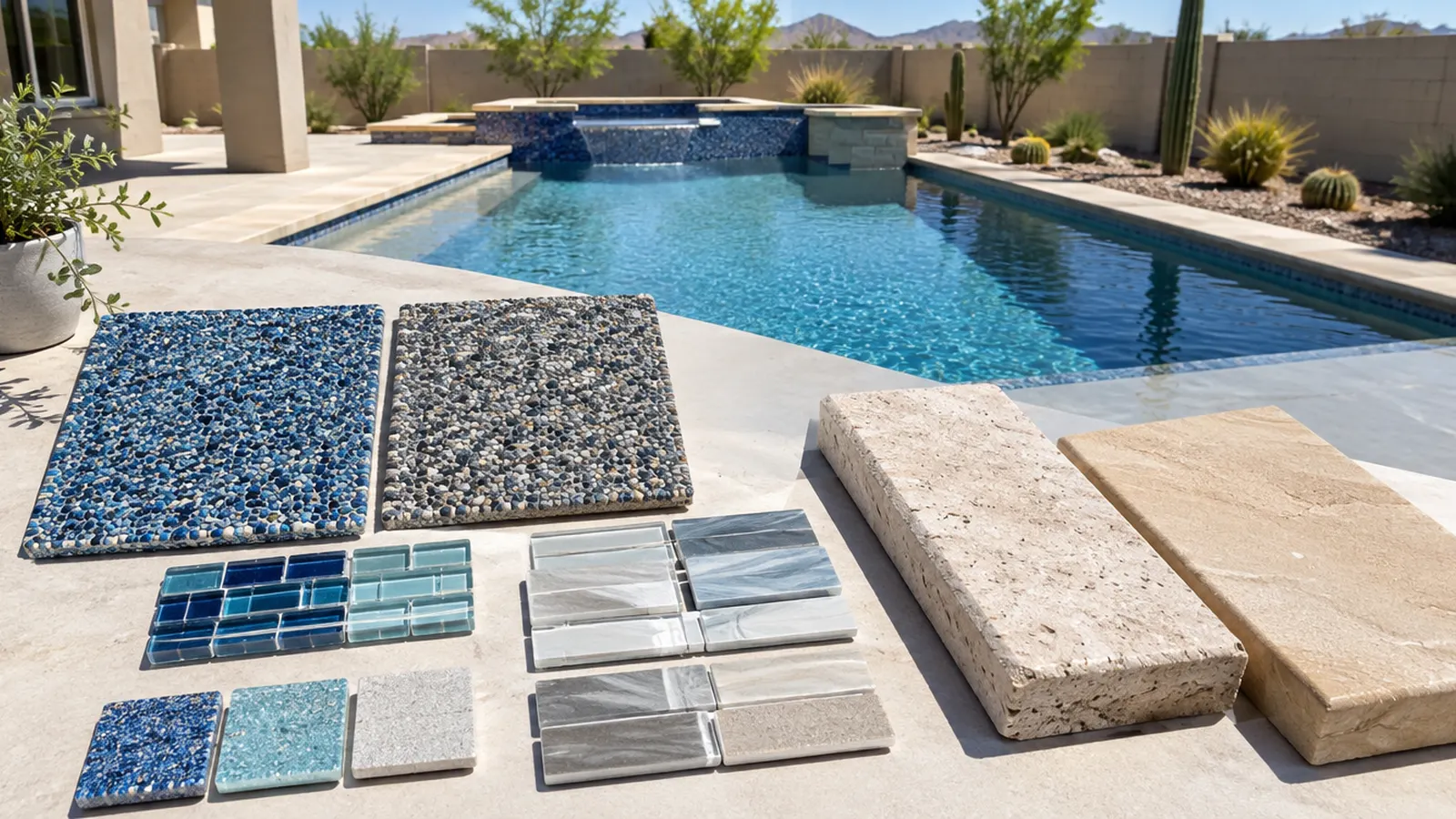 New pool material selections laid out on a table outdoors: pebble finish samples in blue and gray, glass and porcelain waterline tile chips, travertine and sandstone coping pieces, top-down view, natural light