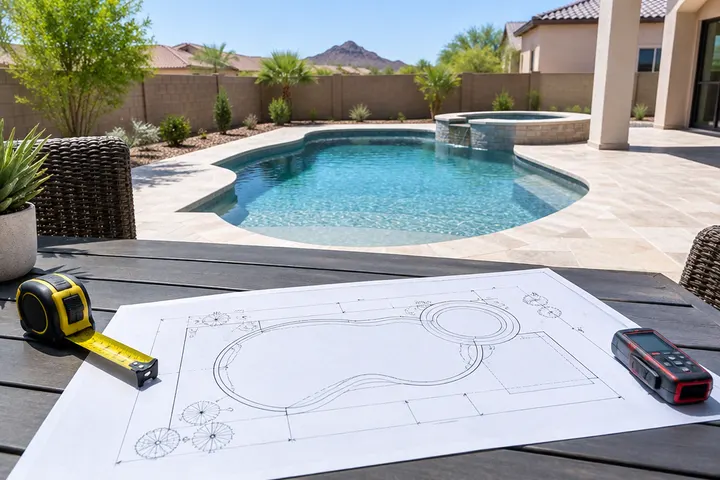 Pool design plan drawing of a backyard with a pool outline, spa and deck dimensions on a patio table with a tape measure and a laser measure, lines only, no readable text