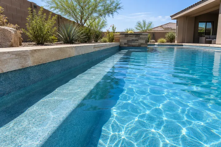 Built-in underwater bench running along one wall of a new pool, clear blue water, sandstone coping