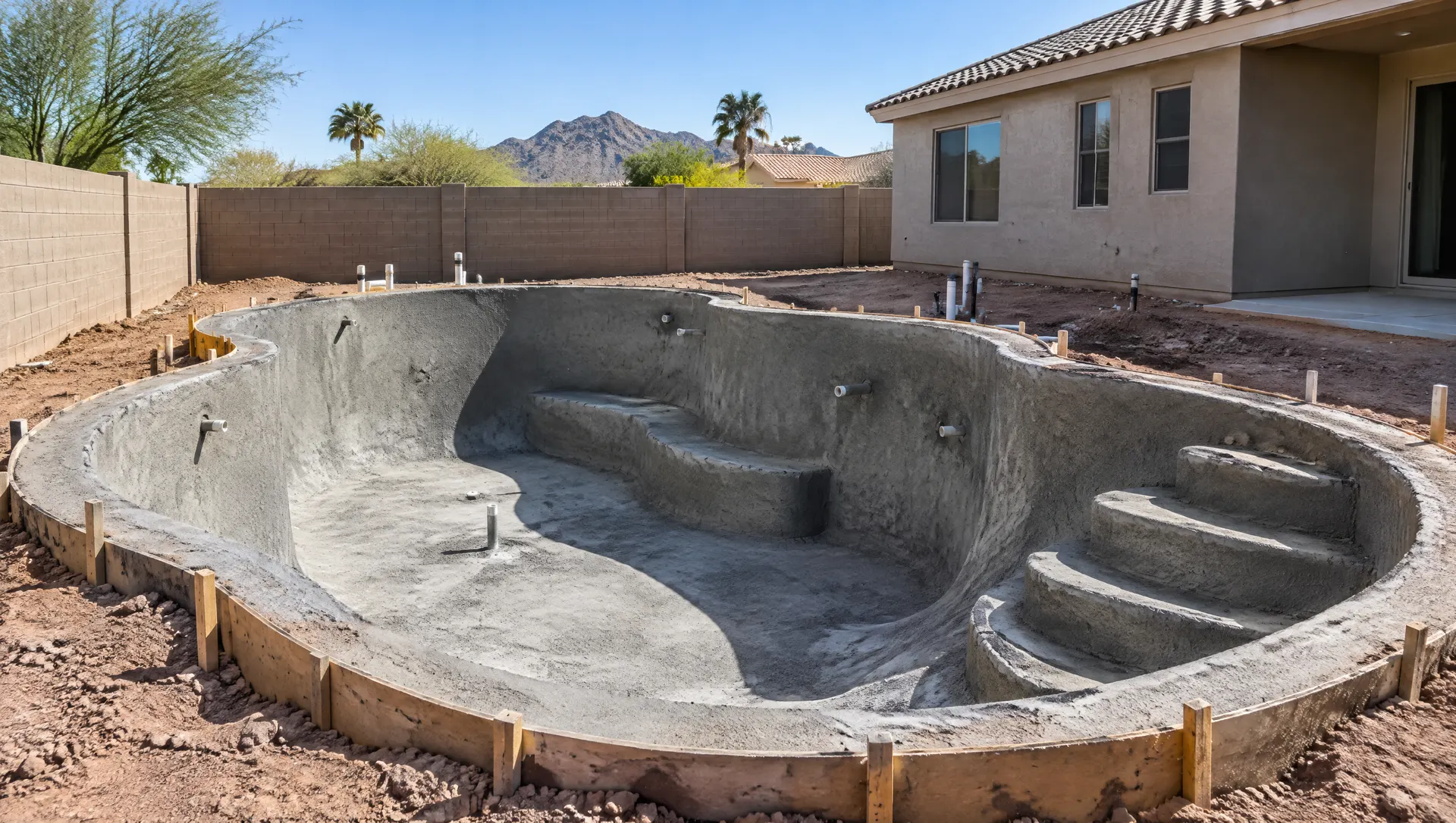 Freshly sprayed gunite shell of a new freeform pool in a Mesa, Arizona backyard during construction: rough gray concrete shell with steps and bench formed, plumbing stubs, forms around the edge, dirt yard and block wall, stucco house in the background, clear morning light, no people