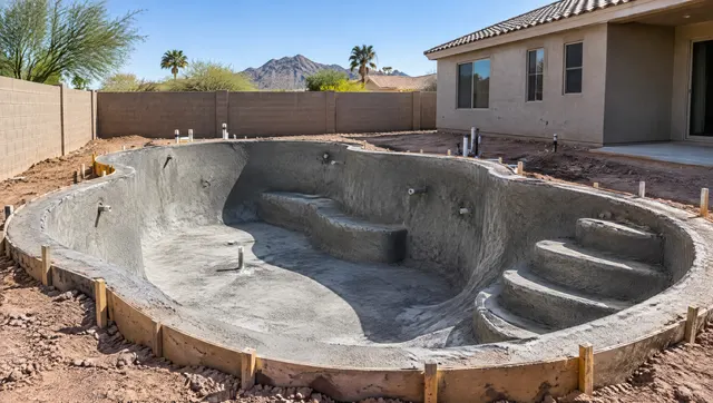 Freshly sprayed gunite shell of a new freeform pool in a Mesa, Arizona backyard during construction: rough gray concrete shell with steps and bench formed, plumbing stubs, forms around the edge, dirt yard and block wall, stucco house in the background, clear morning light, no people