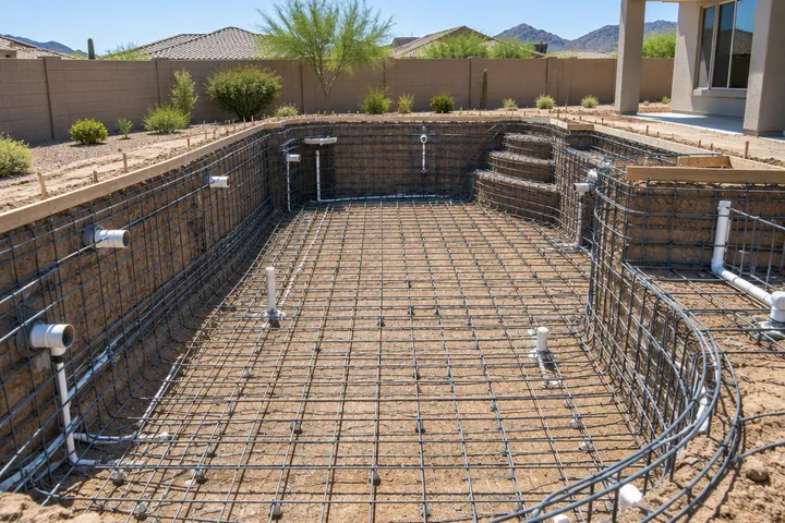 Rebar steel grid tied across the floor and walls of an excavated pool with plumbing lines in place, before concrete