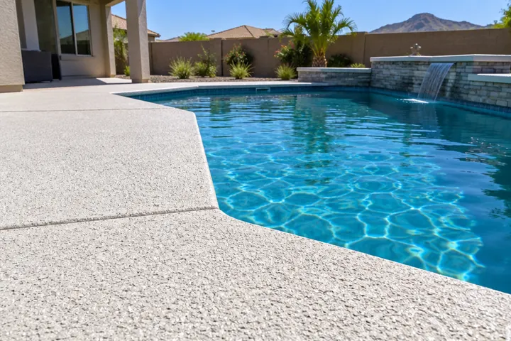 Light-colored spray-textured cool deck coating around a new pool, sunlit, close angle showing texture