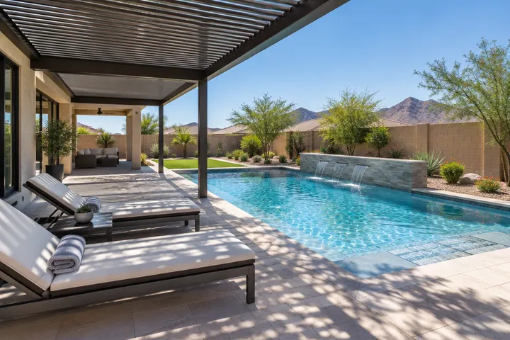 New aluminum pergola shading part of a pool deck beside a brand-new pool, lounge chairs, soft dappled shadows