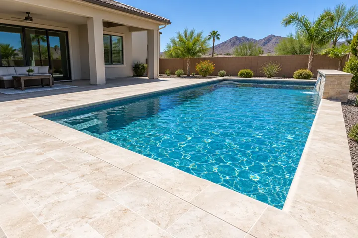 Ivory travertine pool deck and bullnose coping around a new rectangular pool, clean grout lines, bright sun