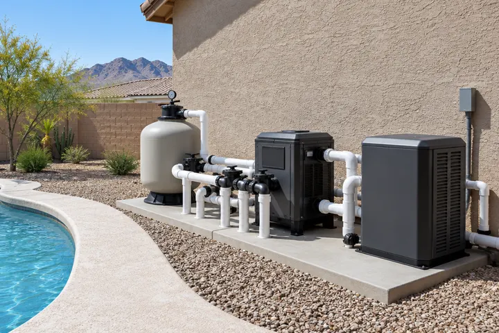 New pool and spa heater and valves on an equipment pad, white PVC plumbing neatly connected, stucco wall
