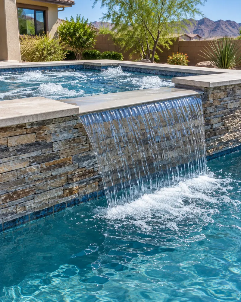 Close vertical view of a new raised spa wall with a wide sheer spillway pouring water into a pool, stacked stone veneer, bubbling spa jets