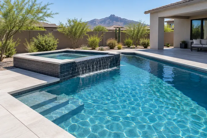 New raised spa set at the corner of a geometric pool with a dark tile spillover edge, Arizona backyard